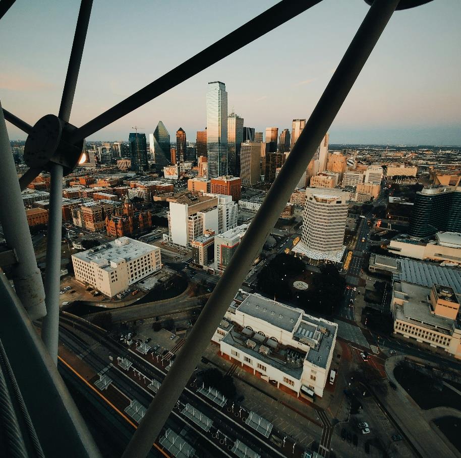 Aerial photo of a downtown city skyline at dusk, one of the candidate cities scored in the multi-attribute utility analysis.