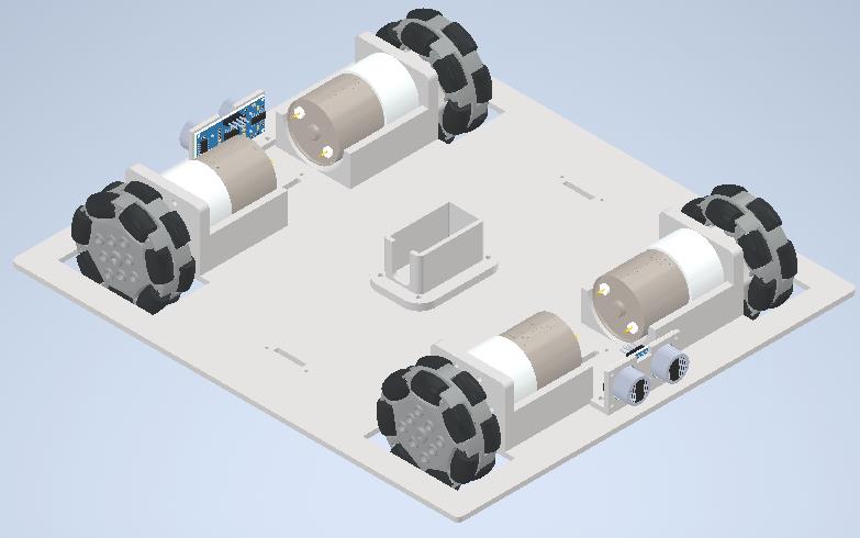 Isometric CAD render of the mecanum-wheel robot chassis with four drive motors and a central mounting bracket.